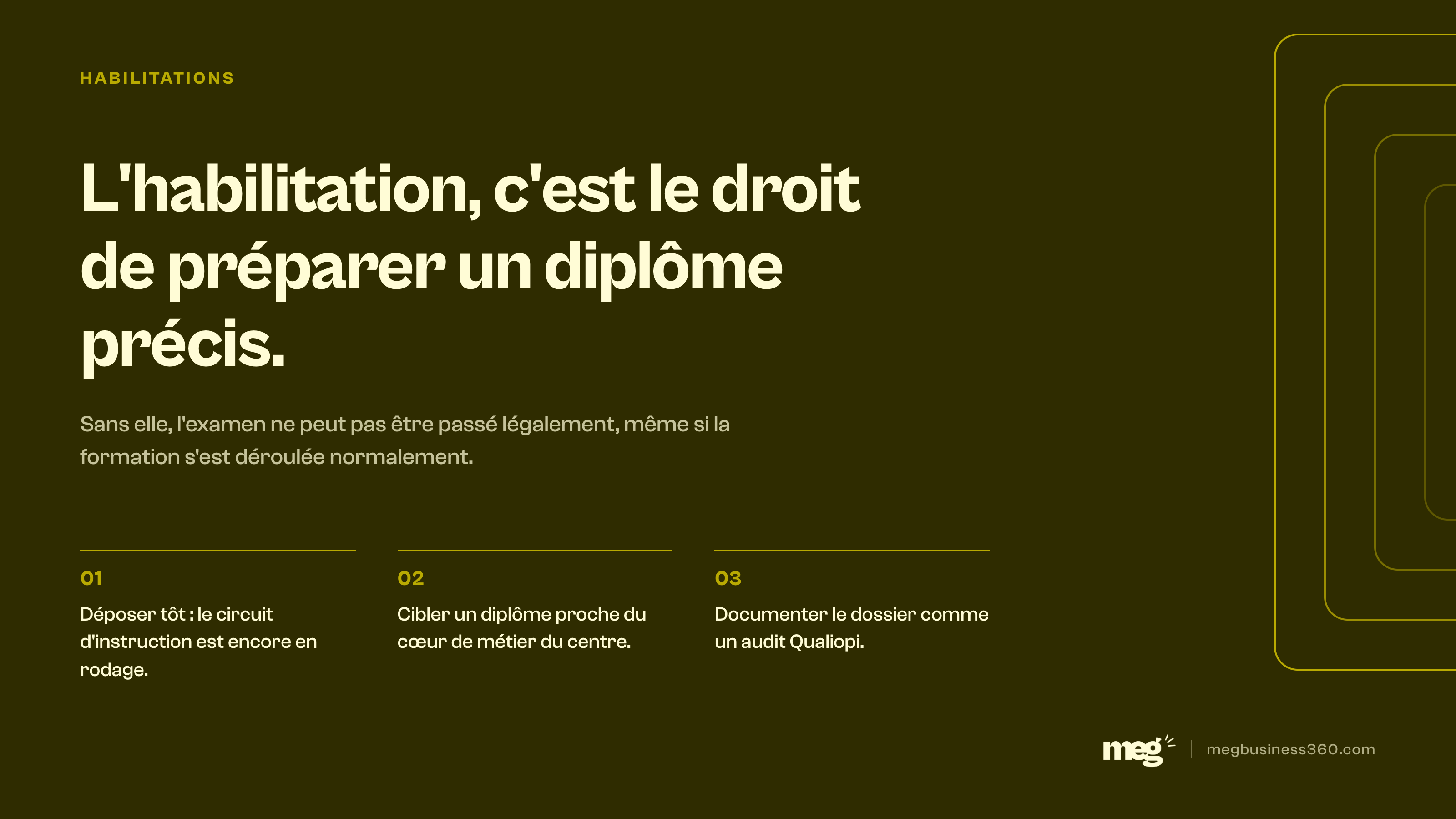 Infographie : l'habilitation, l'autorisation de préparer un diplôme précis, et les trois règles pour déposer un dossier solide