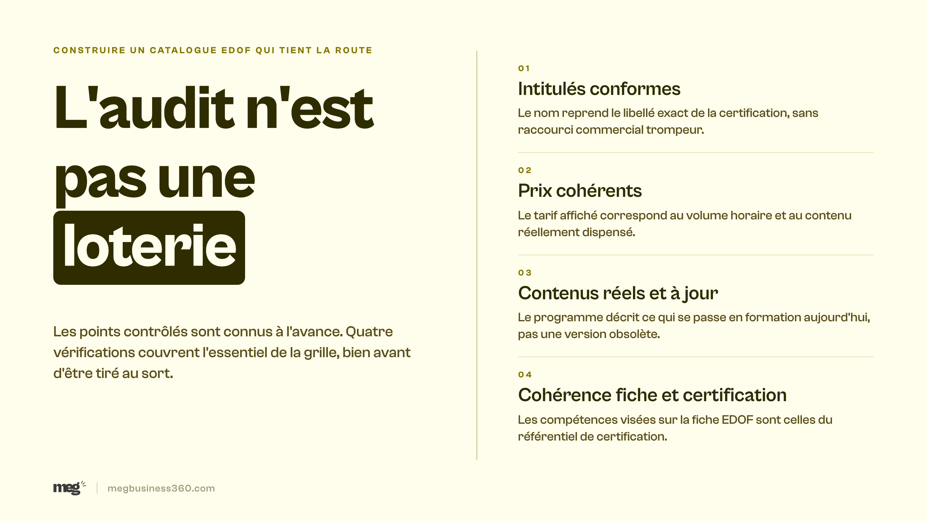 Infographie : l'audit EDOF n'est pas une loterie, les quatre vérifications connues à l'avance pour un catalogue conforme