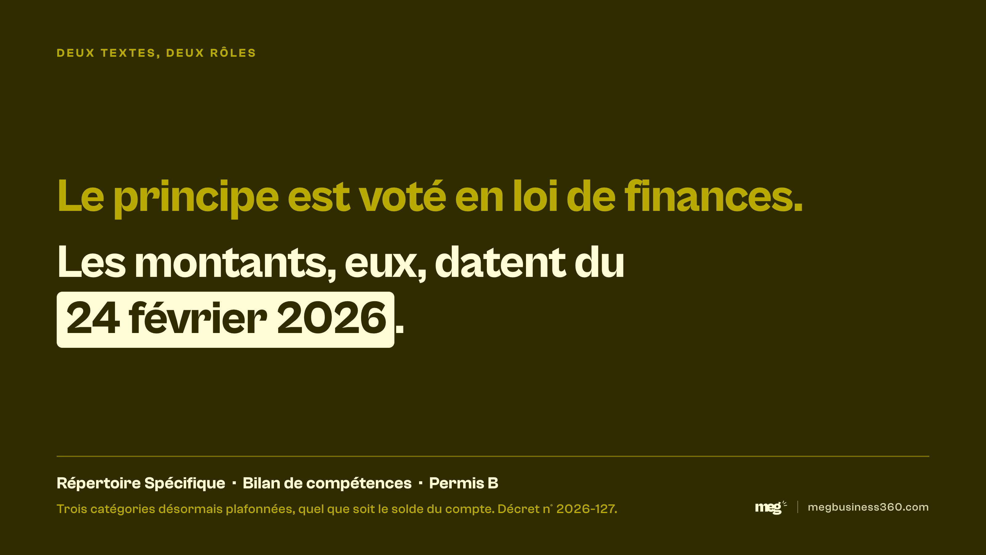 Infographie : le principe du plafonnement CPF est voté en loi de finances, les montants datent du décret du 24 février 2026