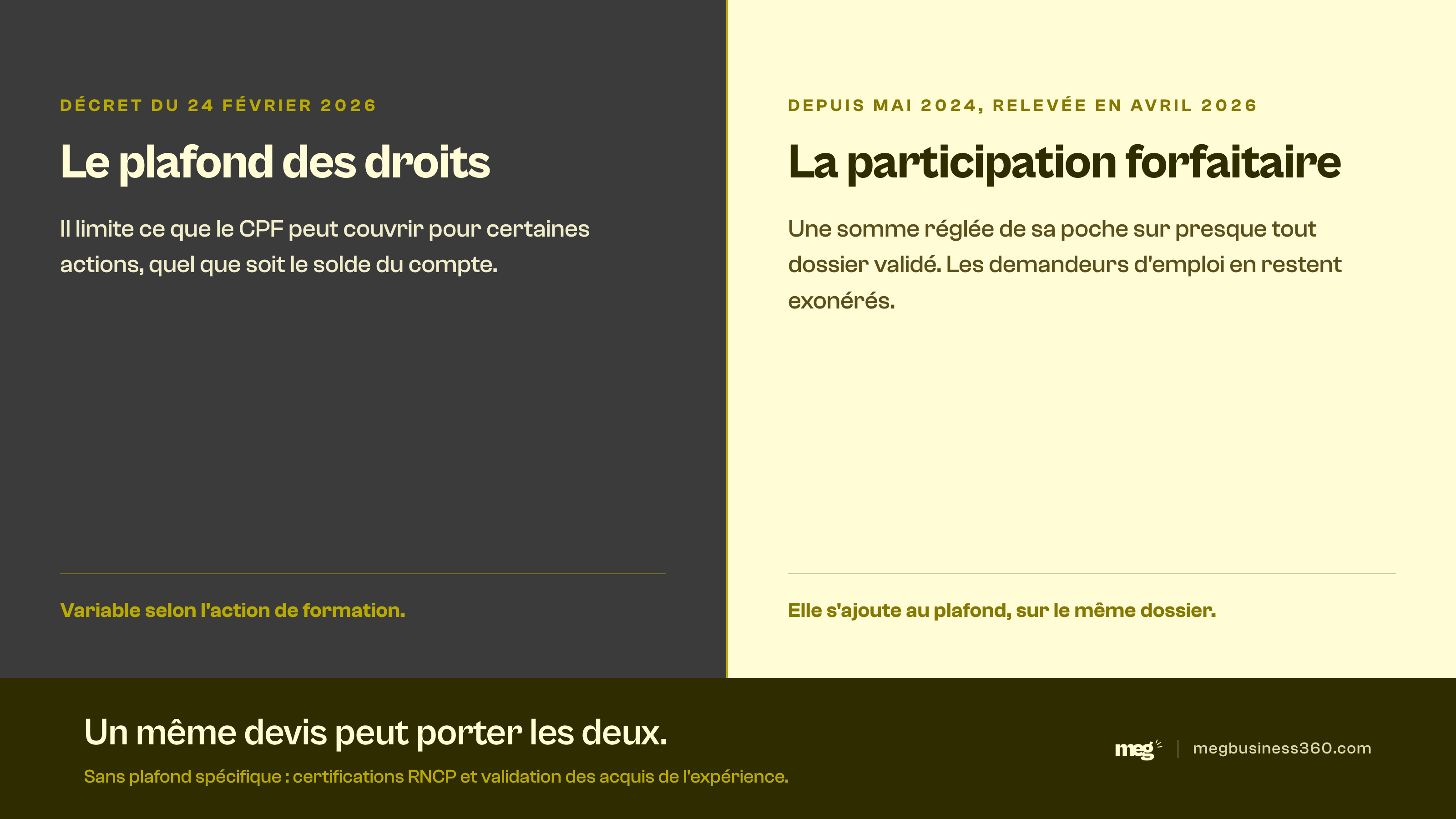 Infographie : plafond des droits et participation forfaitaire, deux mécanismes distincts qui peuvent se cumuler sur un même devis