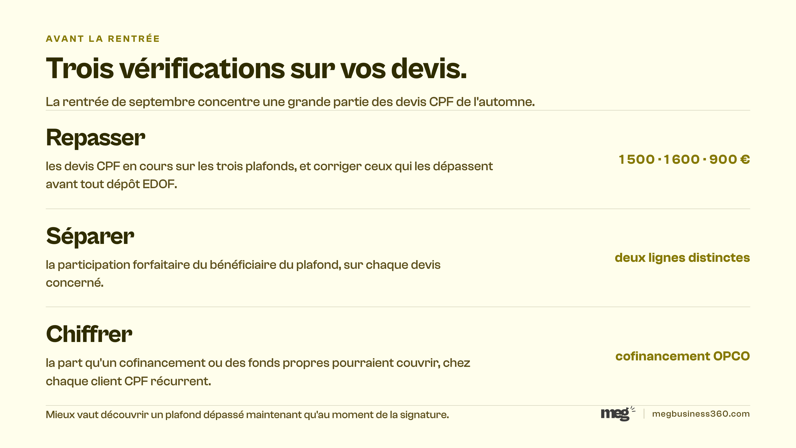 Infographie : trois vérifications avant la rentrée, repasser les devis CPF sur les trois plafonds, séparer la participation forfaitaire, chiffrer la part OPCO