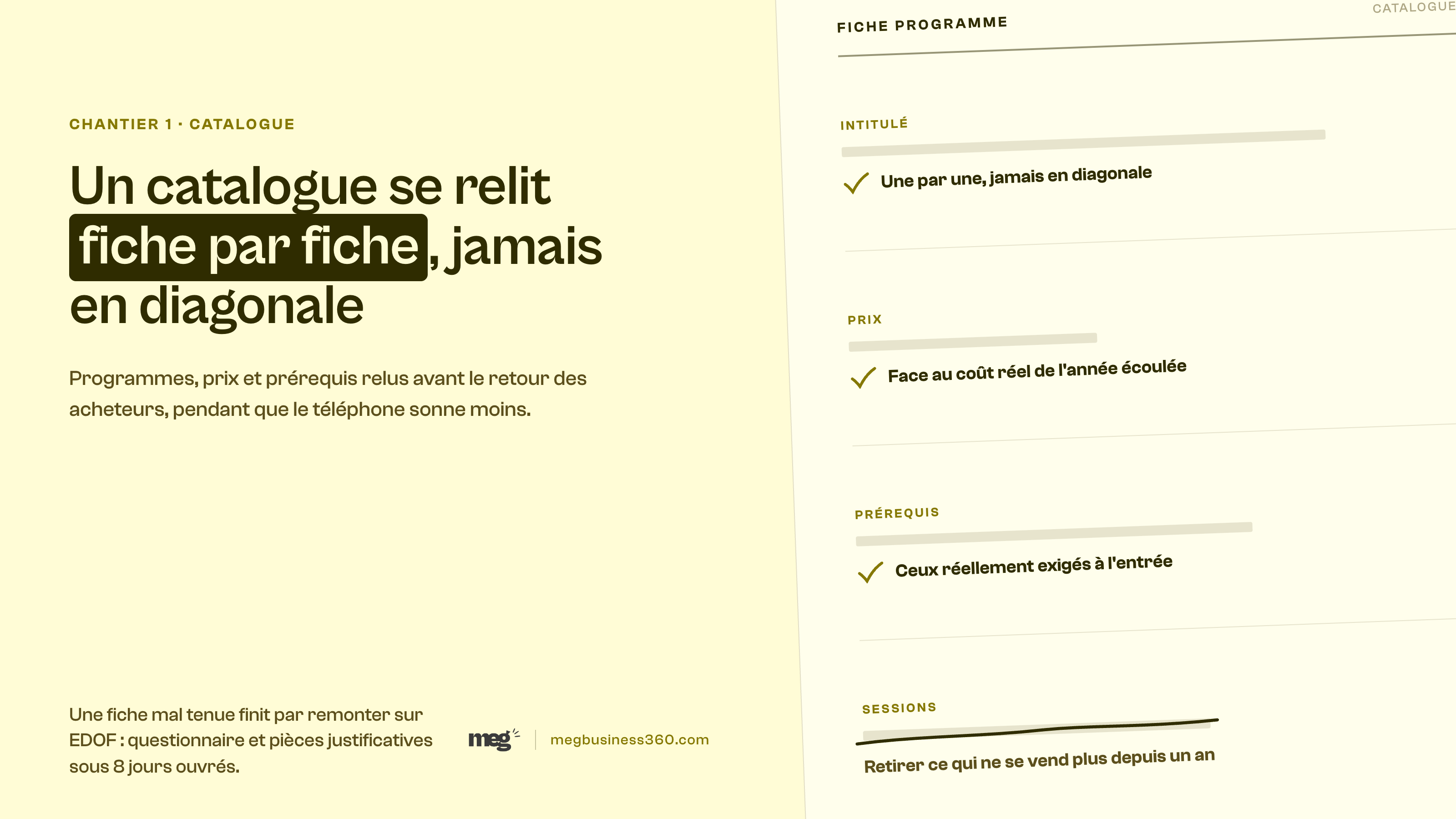Infographie : remettre le catalogue à jour, une fiche programme relue et annotée à l'encre, prix, prérequis et sessions vérifiés un par un