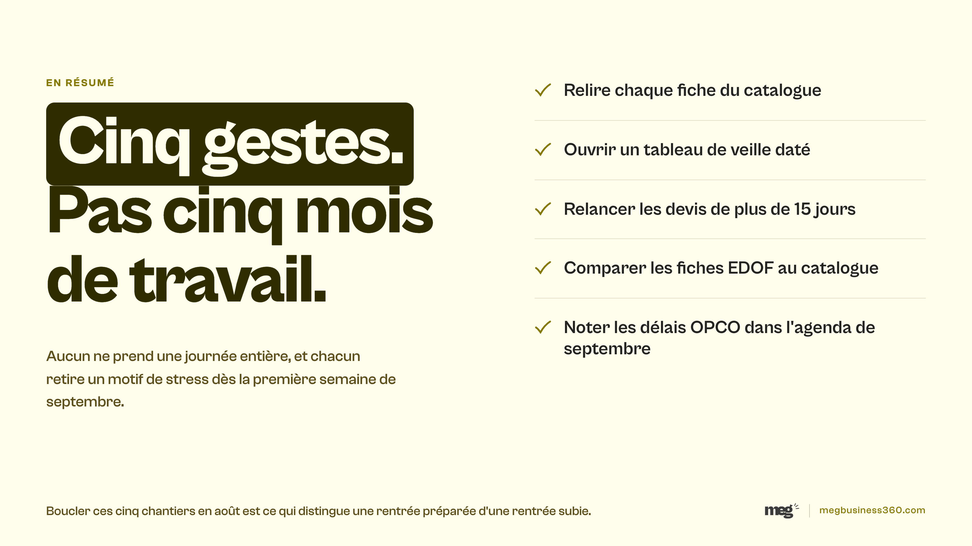 Infographie de synthèse : cinq gestes cochés avant la rentrée, pas cinq mois de travail
