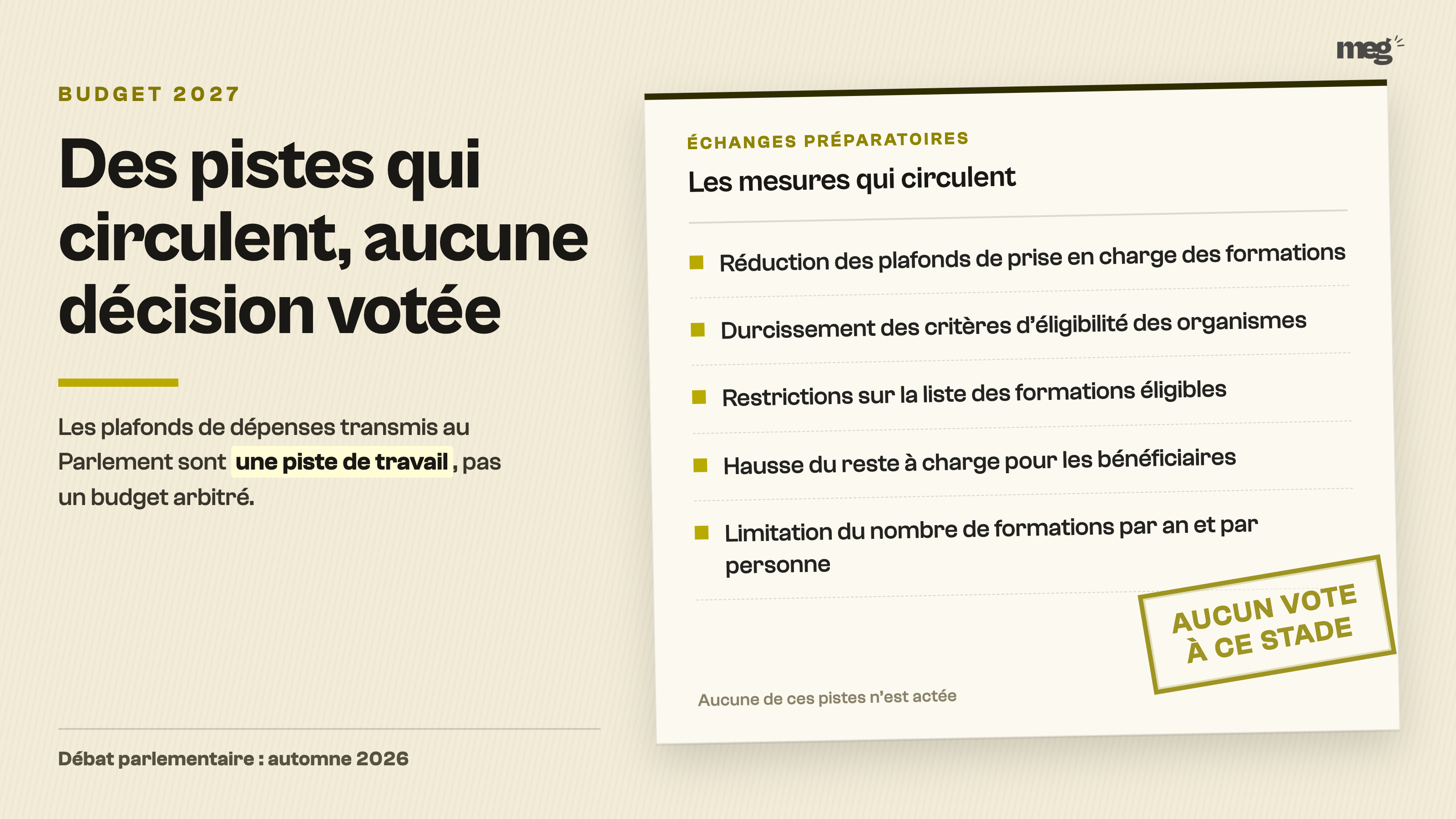 Fac-similé d’une note de travail listant les 5 mesures qui circulent pour le budget 2027, frappée d’un tampon rappelant qu’aucune n’est votée.
