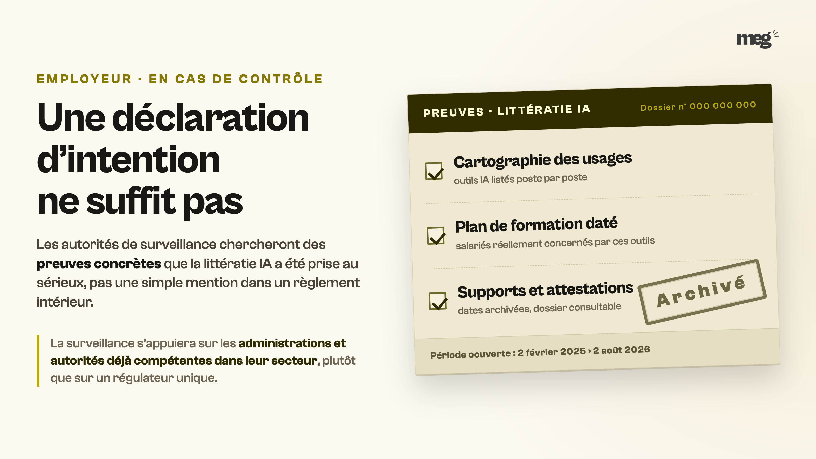 Un bordereau de preuves tamponné Archivé coche les trois pièces à conserver : cartographie des usages, plan de formation daté, supports et attestations.
