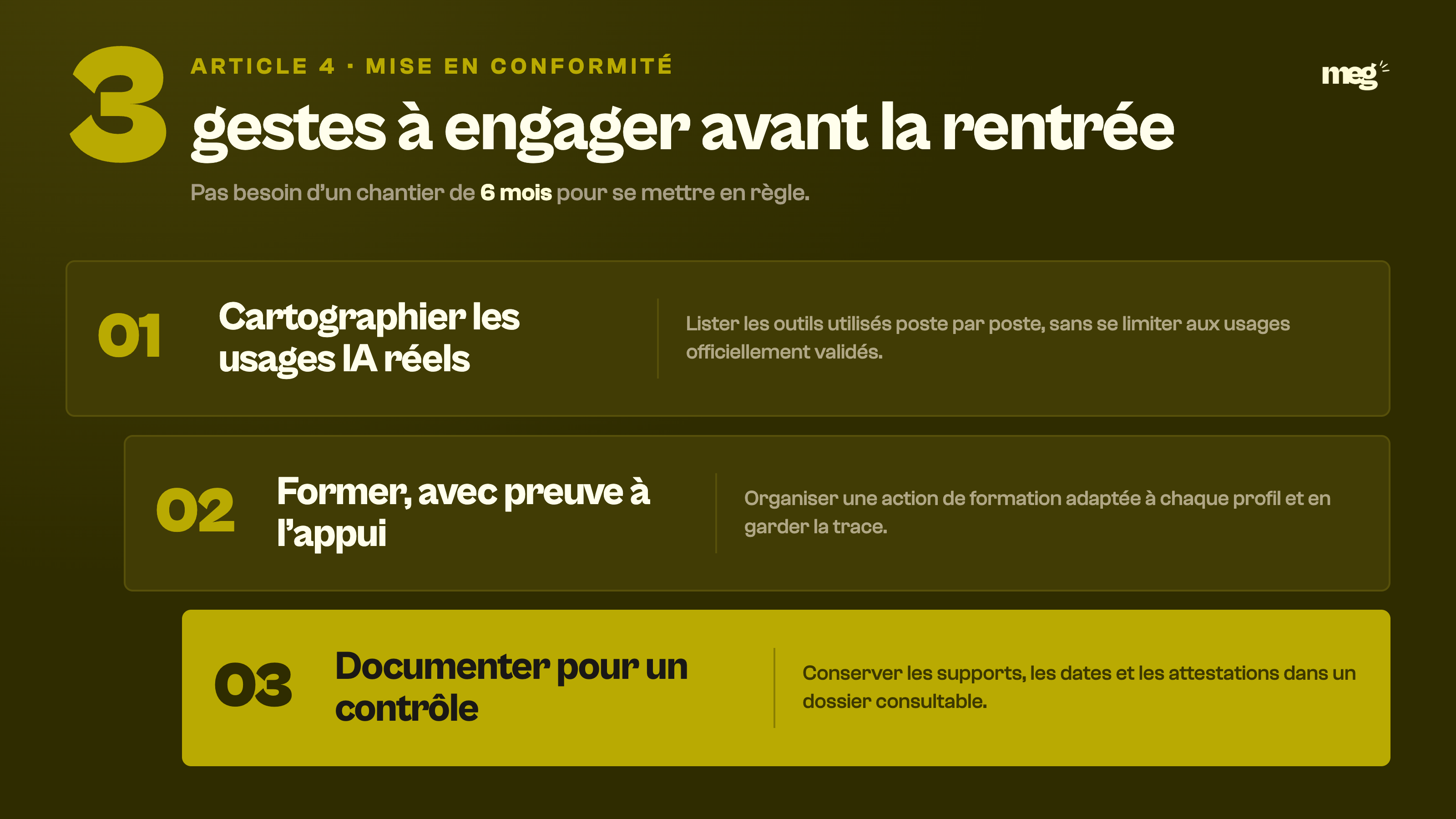 Trois bandes en escalier listent les gestes à engager : cartographier les usages, former avec preuve, documenter pour un contrôle.