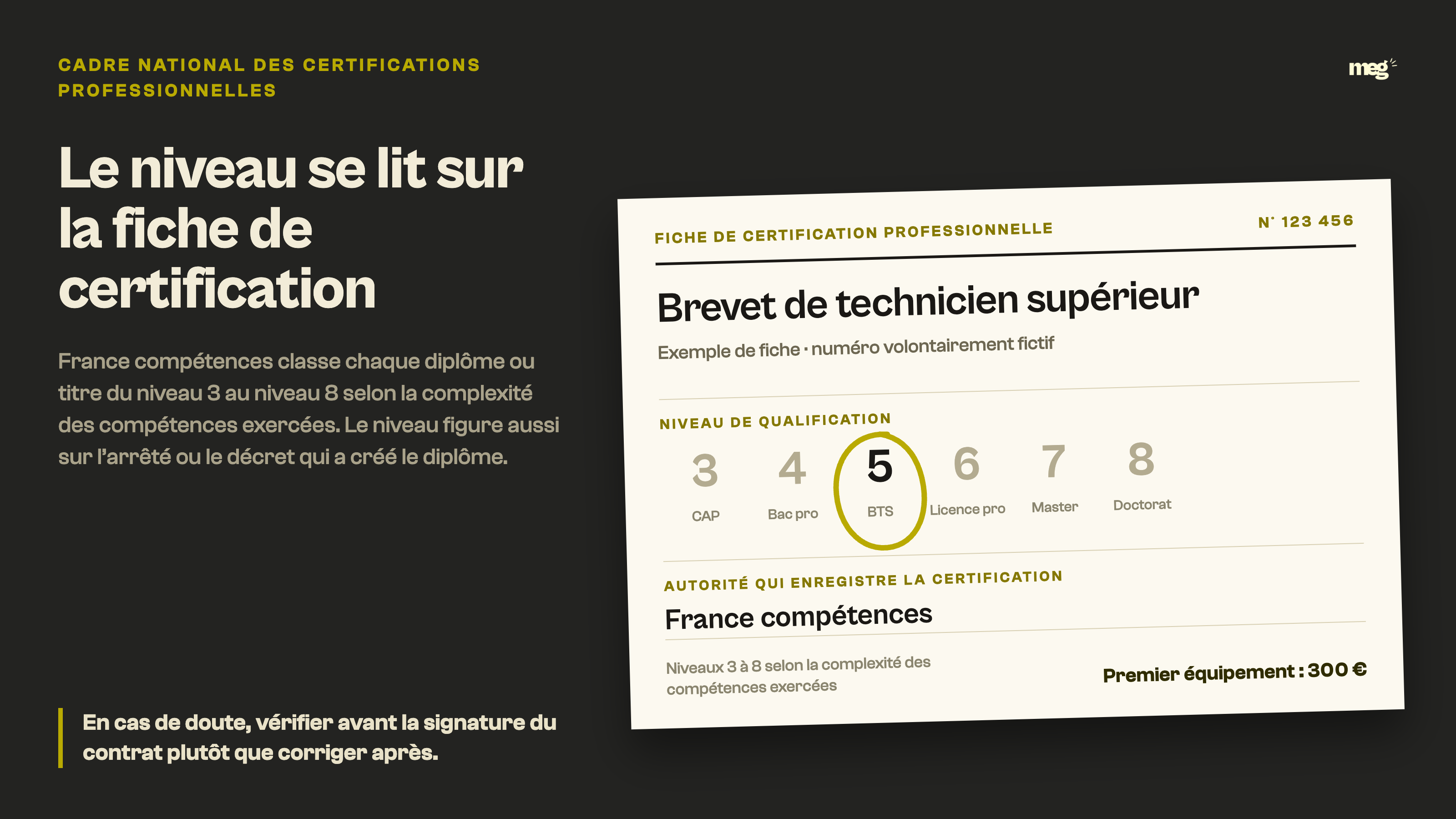 Fac-similé d’une fiche de certification professionnelle dont le niveau 5, correspondant au BTS, est entouré à la main sur l’échelle des niveaux 3 à 8.