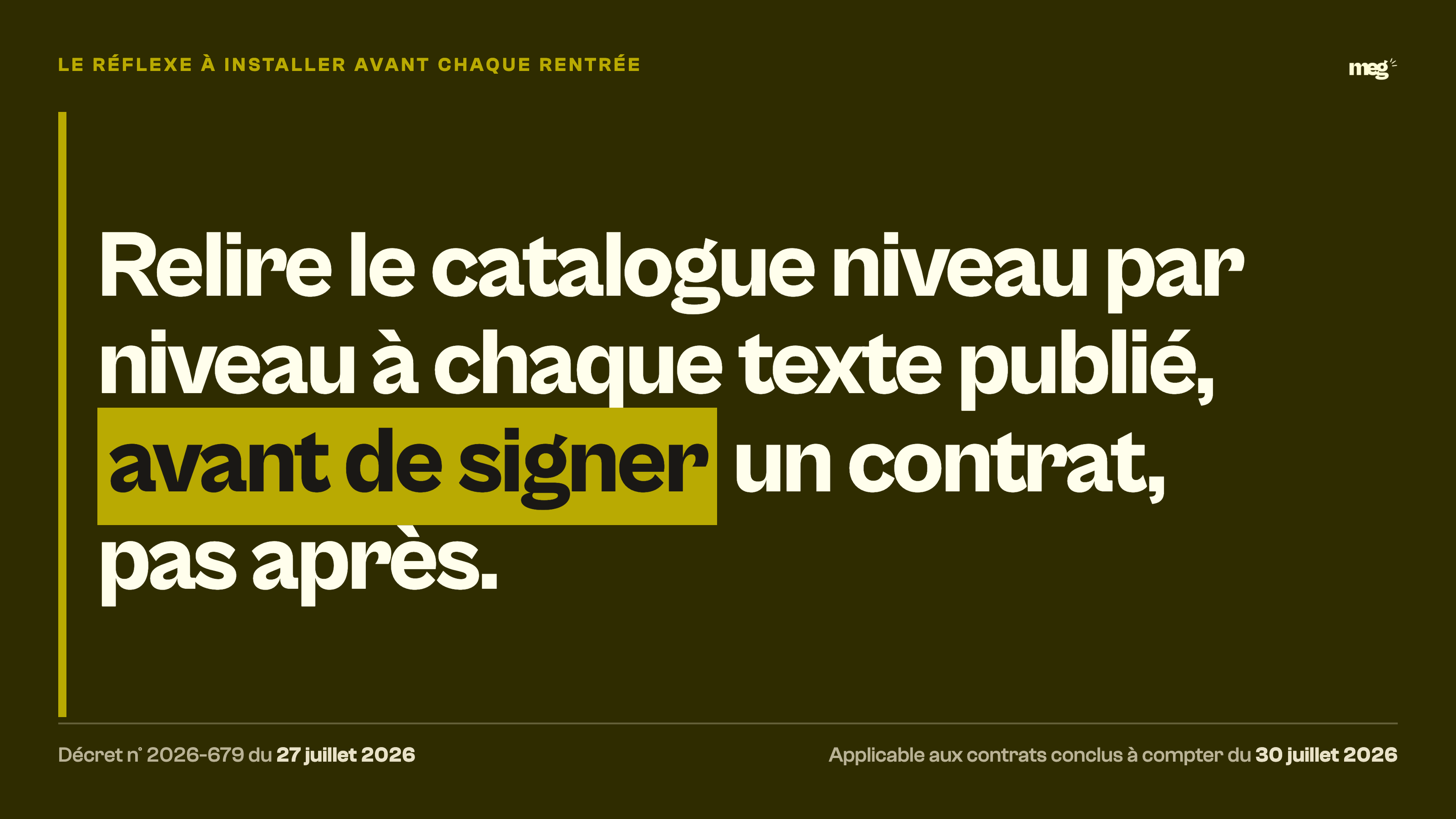 Manchette typographique rappelant de relire le catalogue niveau par niveau à chaque texte publié, avant de signer un contrat et pas après.