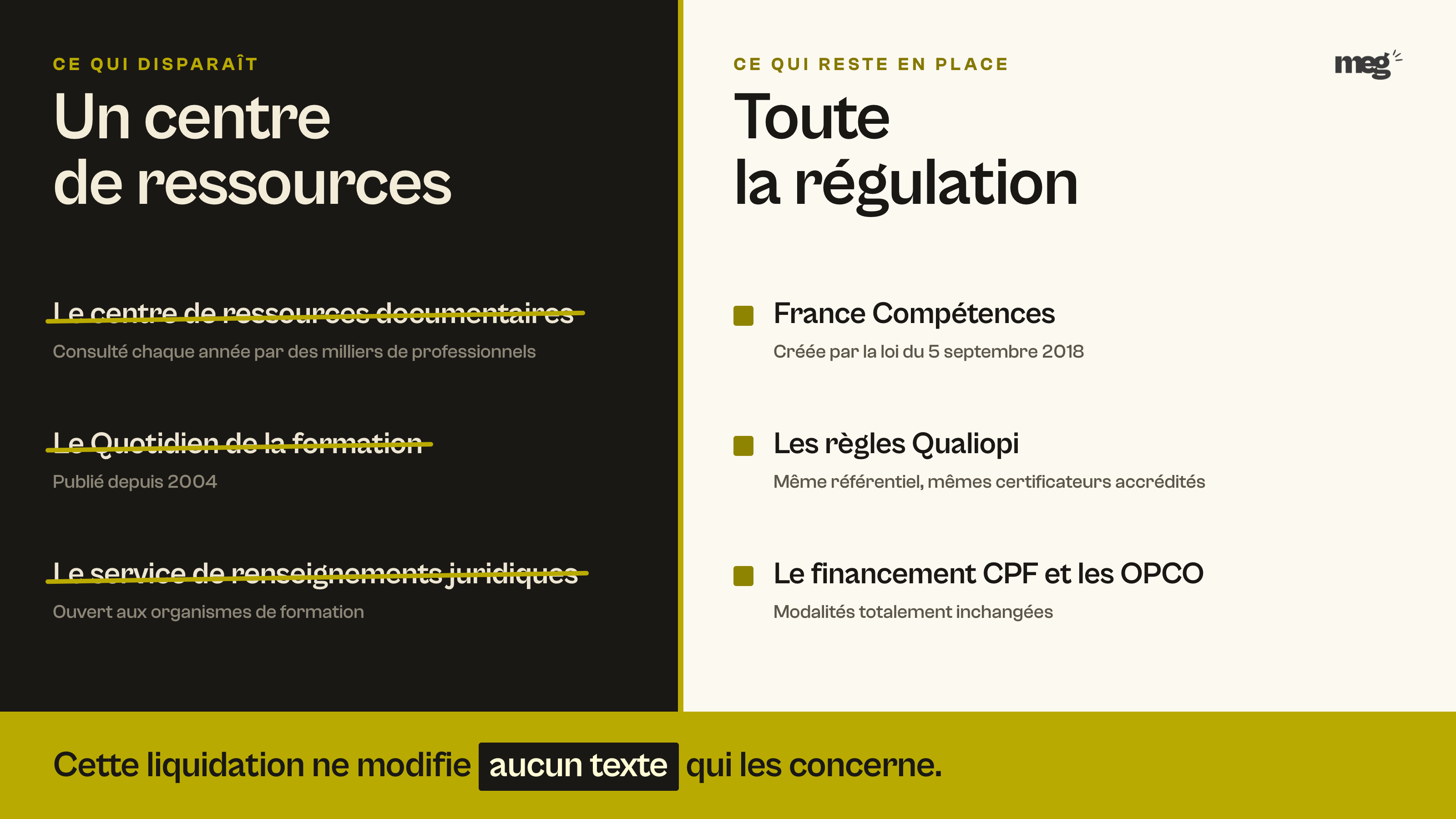 diptyque opposant les 3 services qui disparaissent avec la liquidation et les 3 dispositifs de régulation qui restent inchangés.
