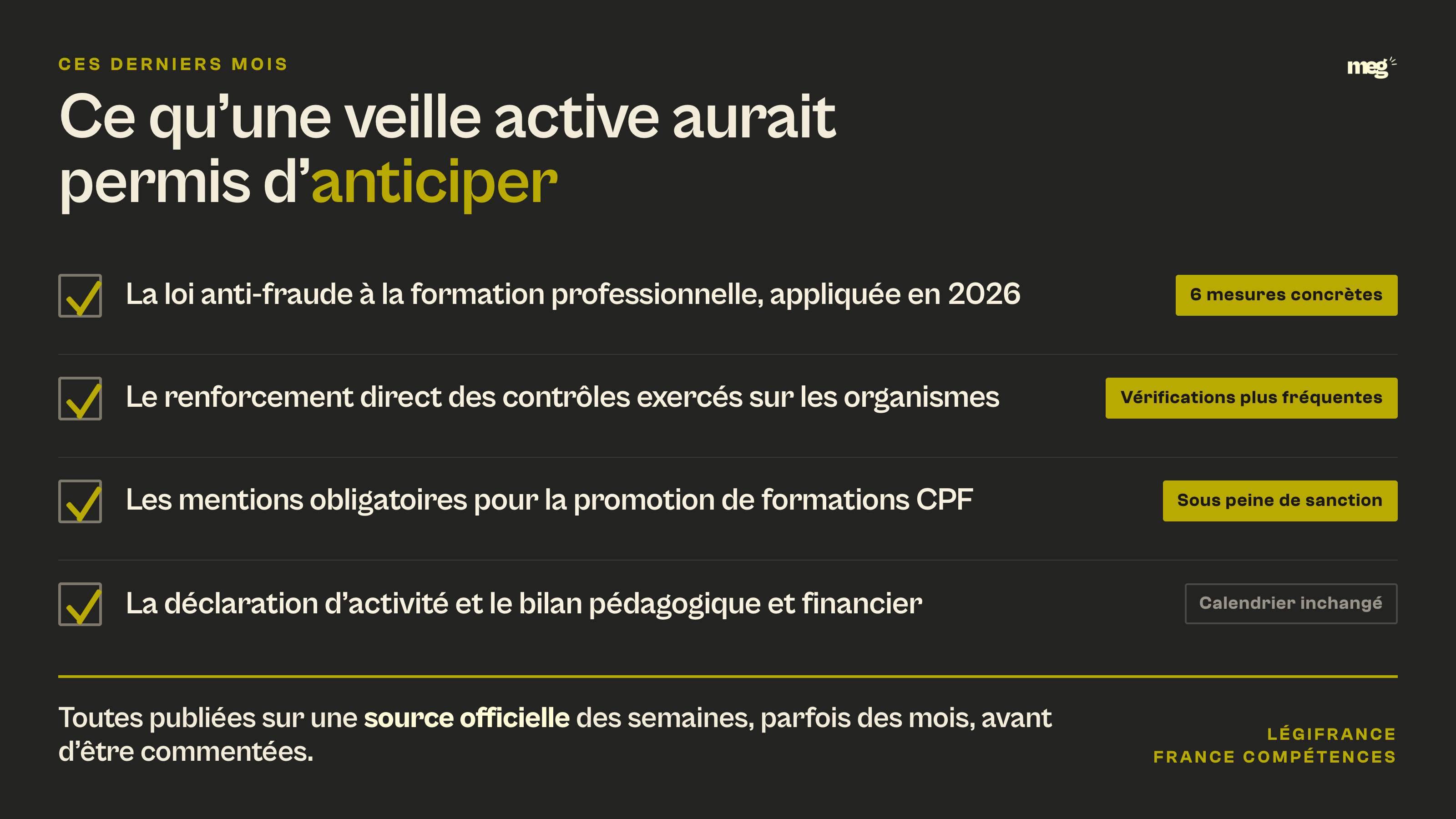 checklist des 4 évolutions réglementaires récentes qu'une veille active aurait permis d'anticiper avant qu'elles ne soient commentées.