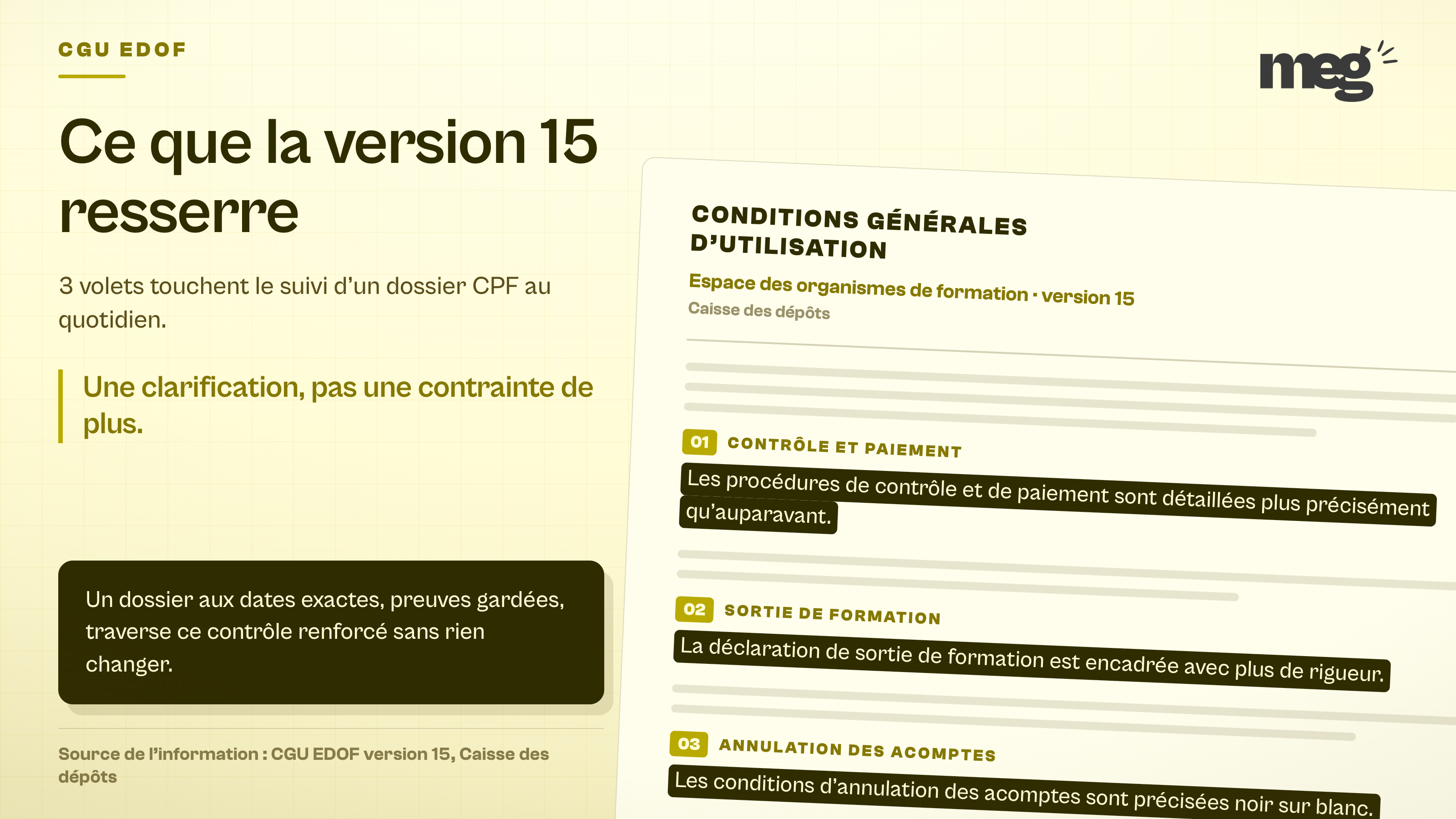 document des conditions générales d'utilisation version 15 coupé par le bord de l'image, avec 3 passages surlignés portant sur le contrôle et le paiement, la déclaration de sortie et l'annulation des acomptes.