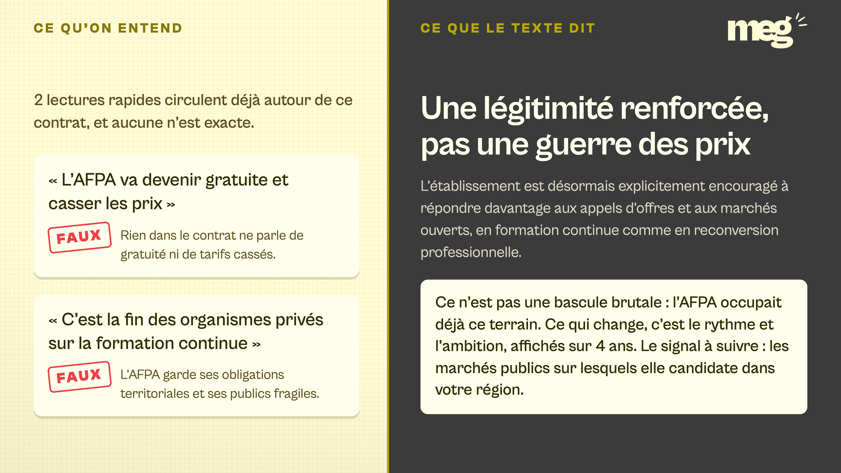 diptyque opposant deux affirmations courantes sur l'AFPA, tamponnées « faux », à ce que prévoit réellement le contrat, une légitimité renforcée pour répondre à plus d'appels d'offres.