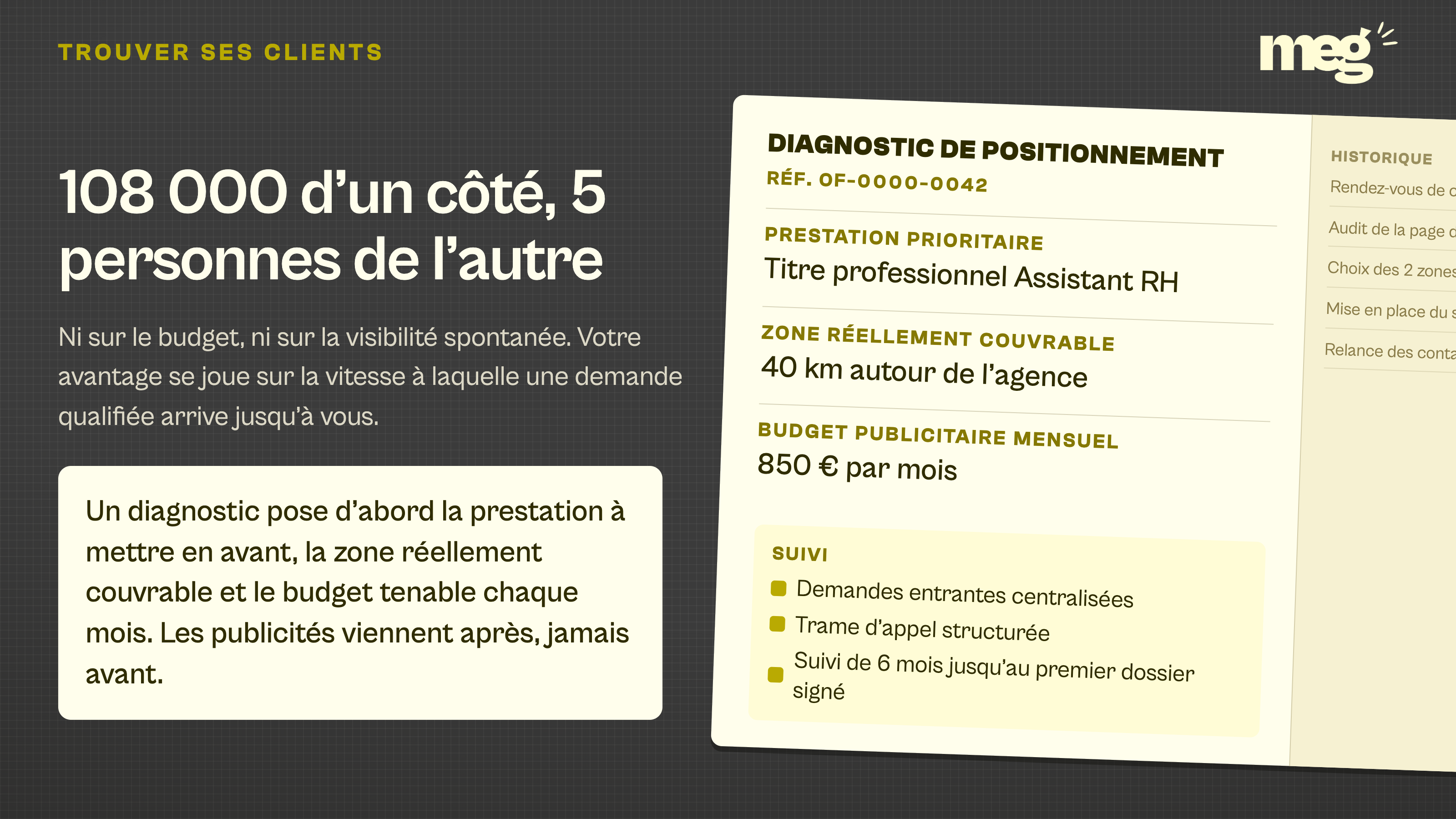 fiche de diagnostic de positionnement coupée par le bord droit de l'image, remplie de valeurs d'exemple pour la prestation prioritaire, la zone couvrable et le budget publicitaire mensuel, avec le suivi de 6 mois.
