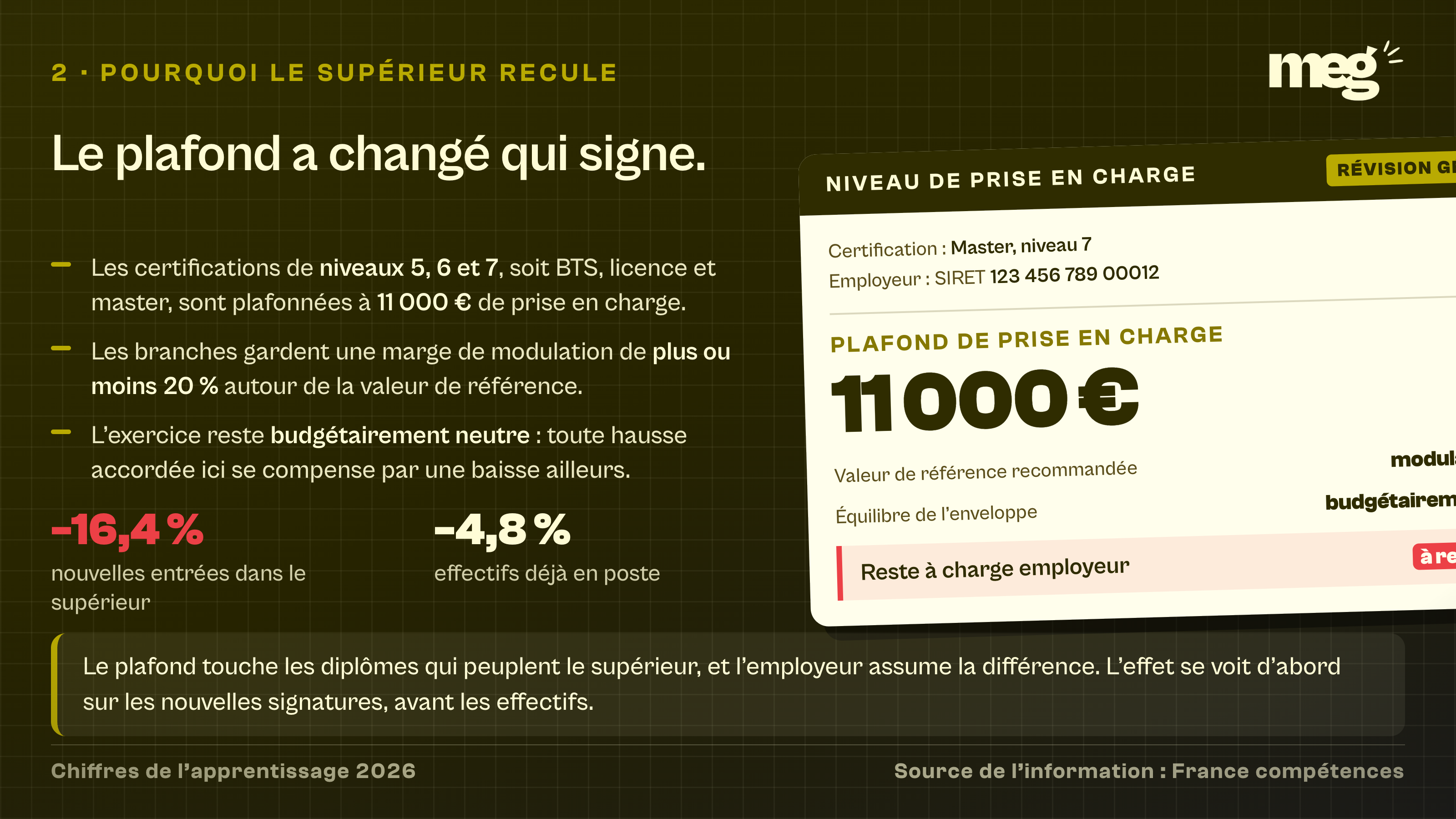 fiche de prise en charge d'un master de niveau 7 plafonnée à 11 000 euros avec un reste à charge employeur à recalculer, à l'origine du recul de 16,4 % des entrées dans le supérieur.