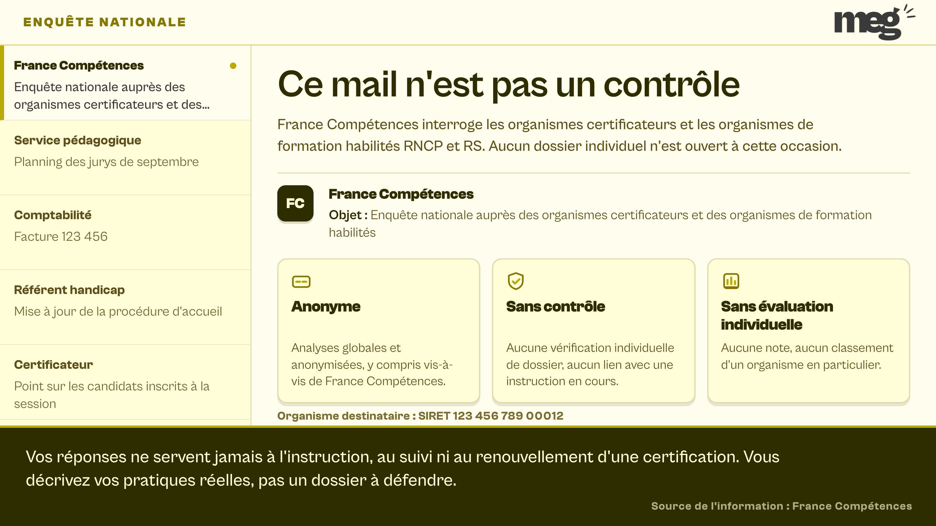 capture d'une messagerie affichant le courriel d'enquête de France Compétences et ses 3 garanties, anonyme, sans contrôle et sans évaluation individuelle.