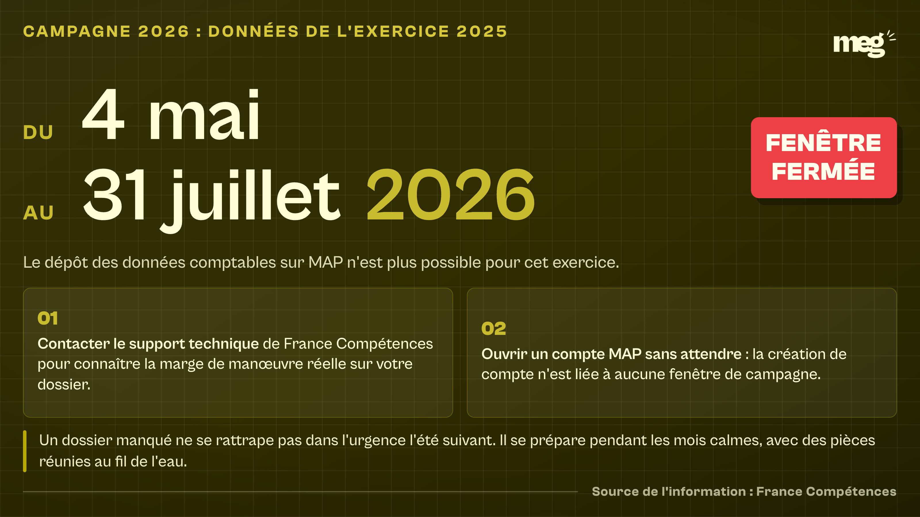 les dates de la campagne 2026, du 4 mai au 31 juillet, signalées comme fermées, avec les 2 réflexes à avoir.