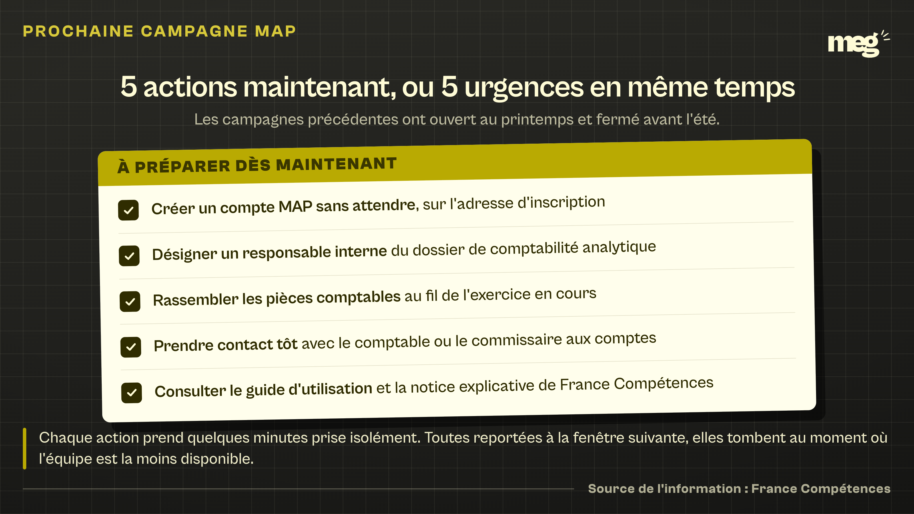 une feuille de préparation listant les 5 actions à mener avant l'ouverture de la prochaine campagne MAP.