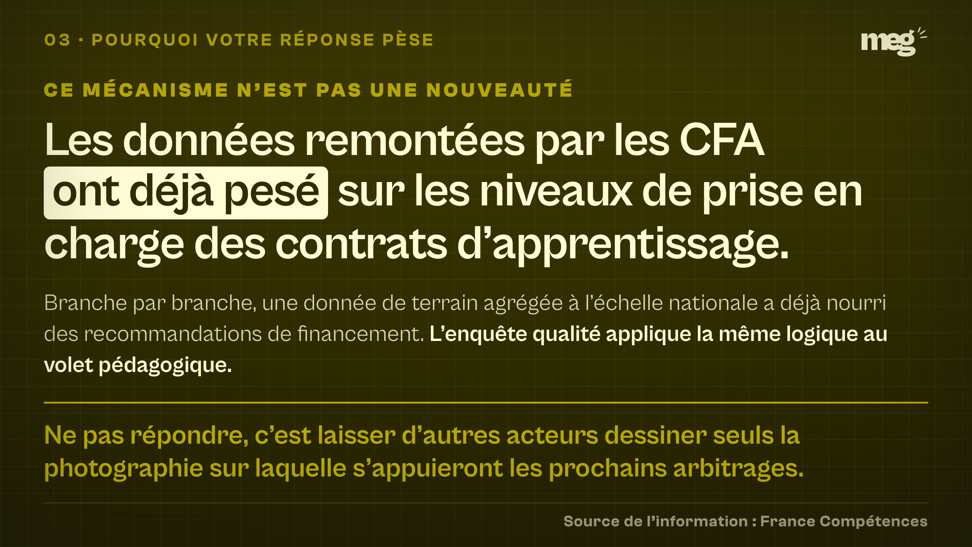 composition typographique sur fond sombre rappelant que les données déjà remontées par les CFA ont pesé sur les niveaux de prise en charge, et qu'une absence de réponse laisse d'autres acteurs dessiner seuls la photographie nationale.