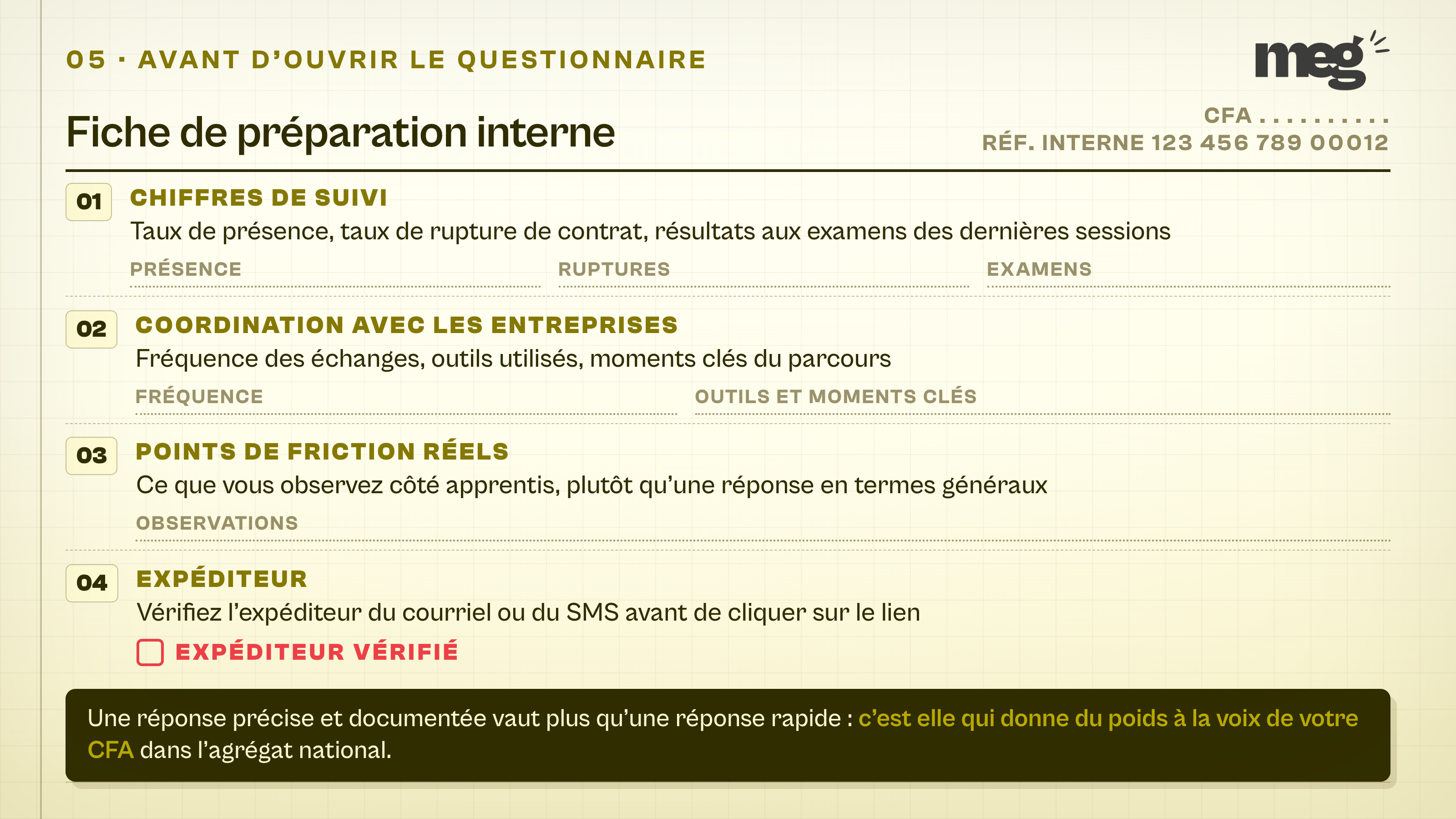 fac-similé plein cadre d'une fiche de préparation interne à remplir avant de répondre au questionnaire, avec les chiffres de suivi, la coordination avec les entreprises, les points de friction et la vérification de l'expéditeur.