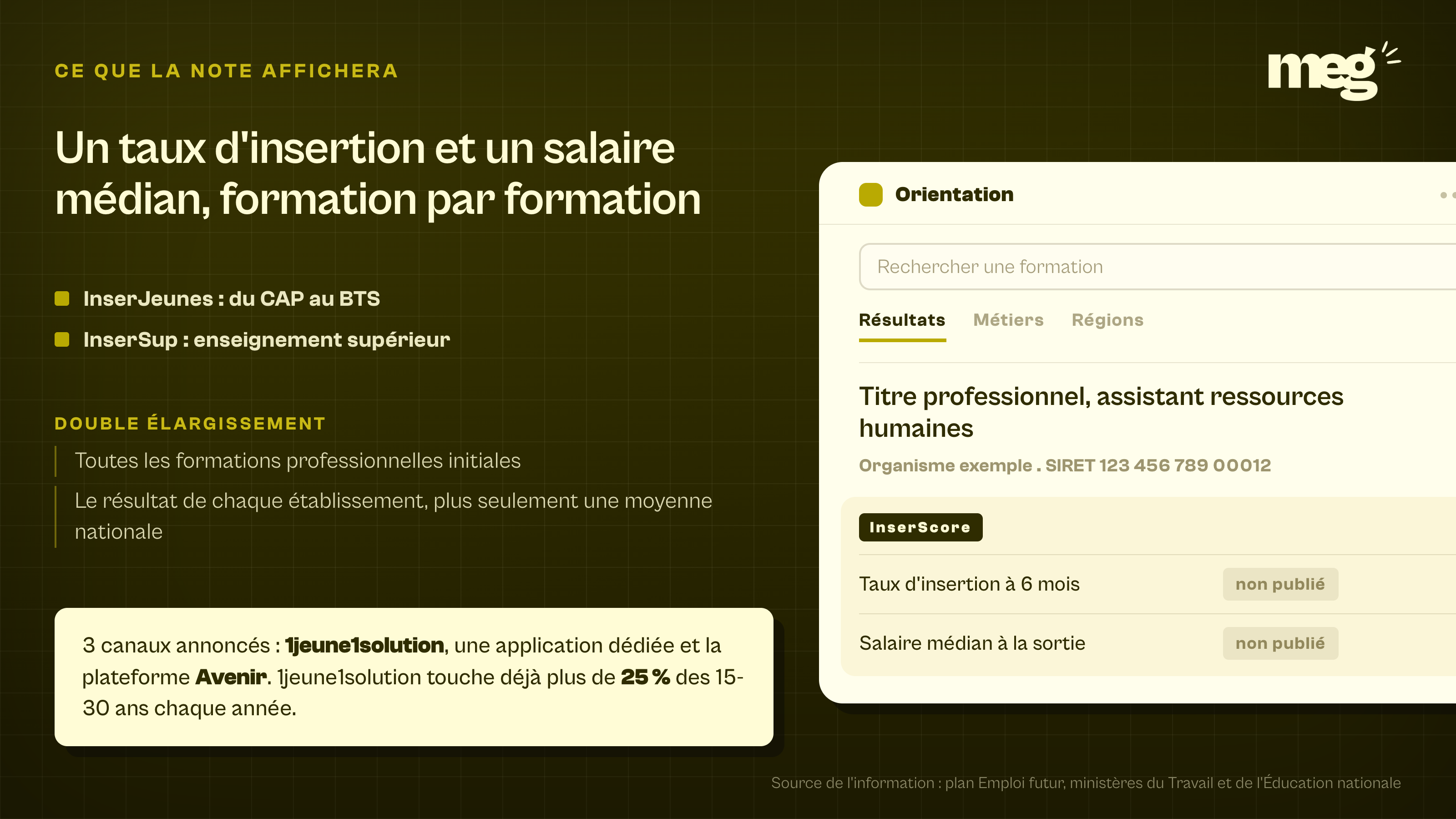 maquette d'écran de consultation d'une fiche formation où les deux lignes InserScore, taux d'insertion à 6 mois et salaire médian, portent la mention non publié.