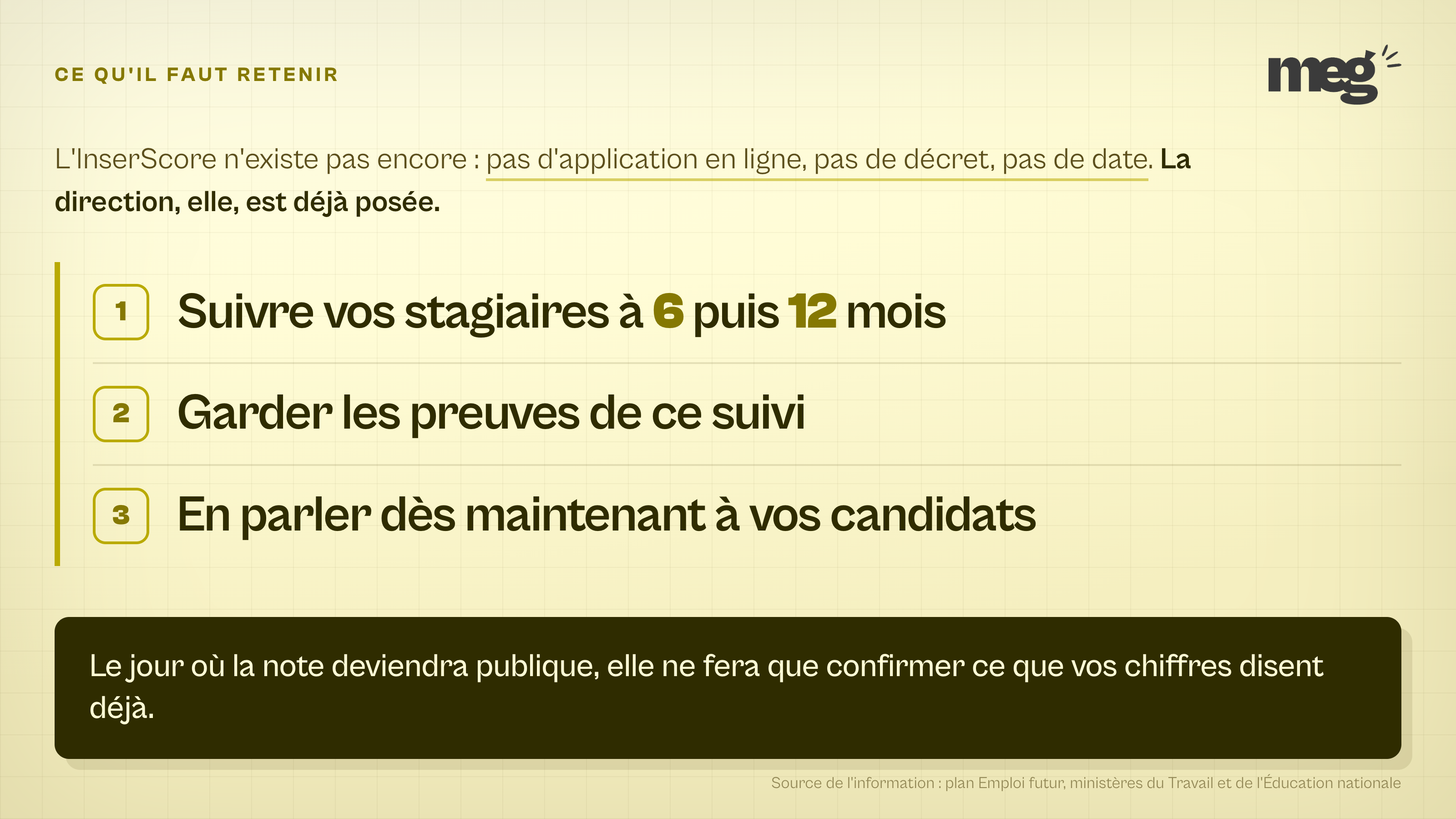 page typographique listant les trois réflexes à tenir, suivre les stagiaires à 6 puis 12 mois, garder les preuves et en parler aux candidats.