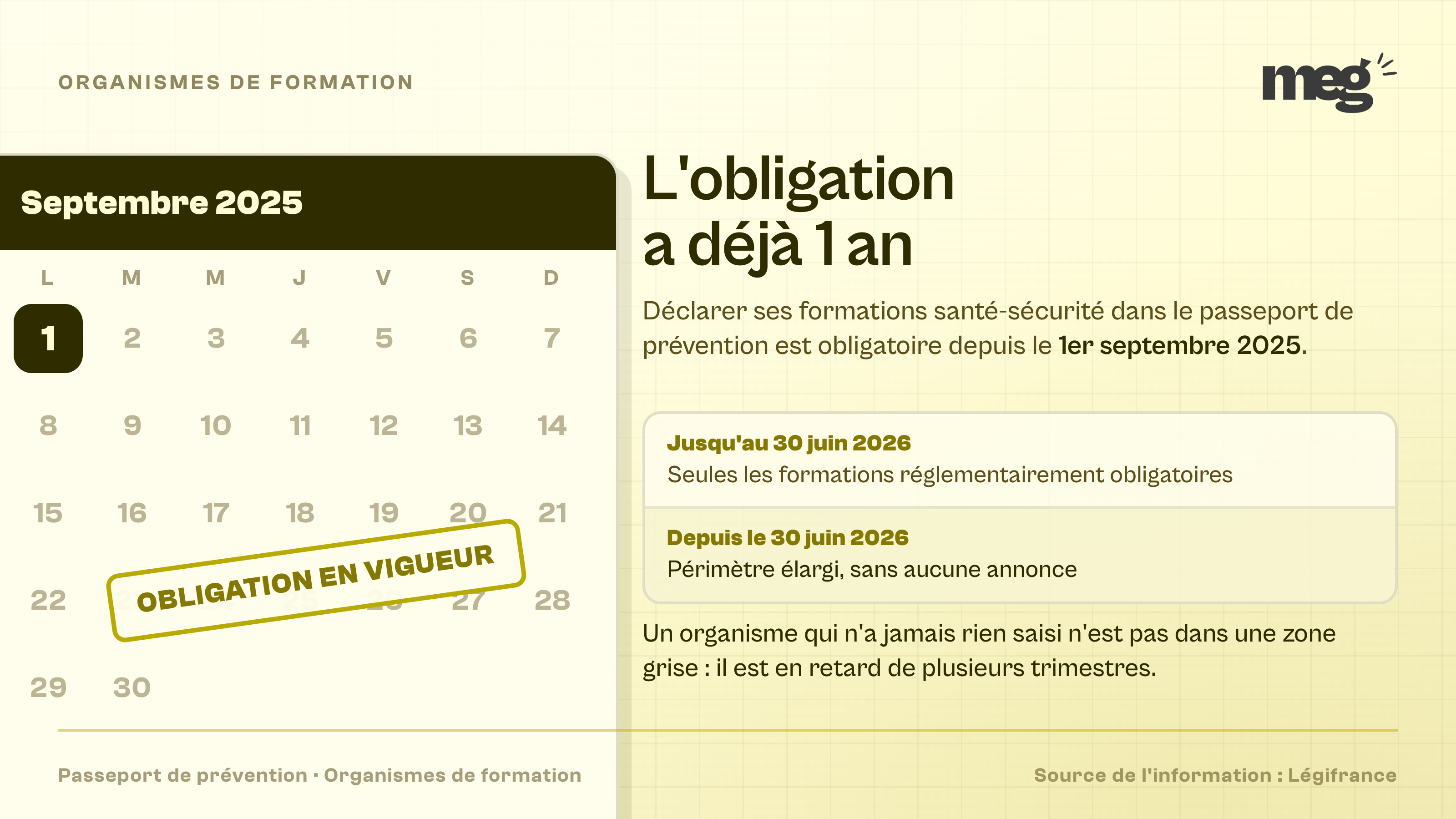 page de calendrier de septembre 2025 coupée par le bord, le 1er marqué et tamponné « Obligation en vigueur », avec le rappel de l'élargissement du périmètre au 30 juin 2026.