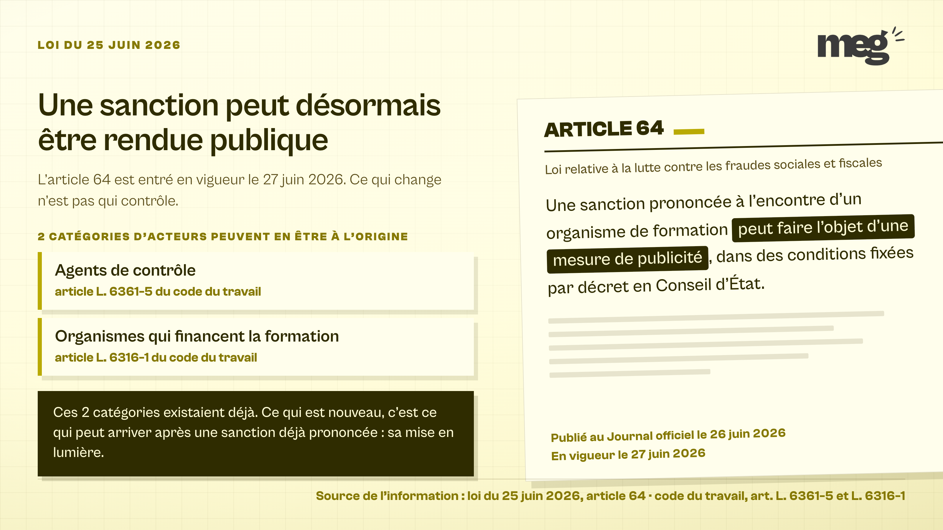 fac-similé d'un feuillet de loi coupé par le bord droit, la mention « peut faire l'objet d'une mesure de publicité » surlignée, face à 2 étiquettes nommant les agents de contrôle et les organismes financeurs.