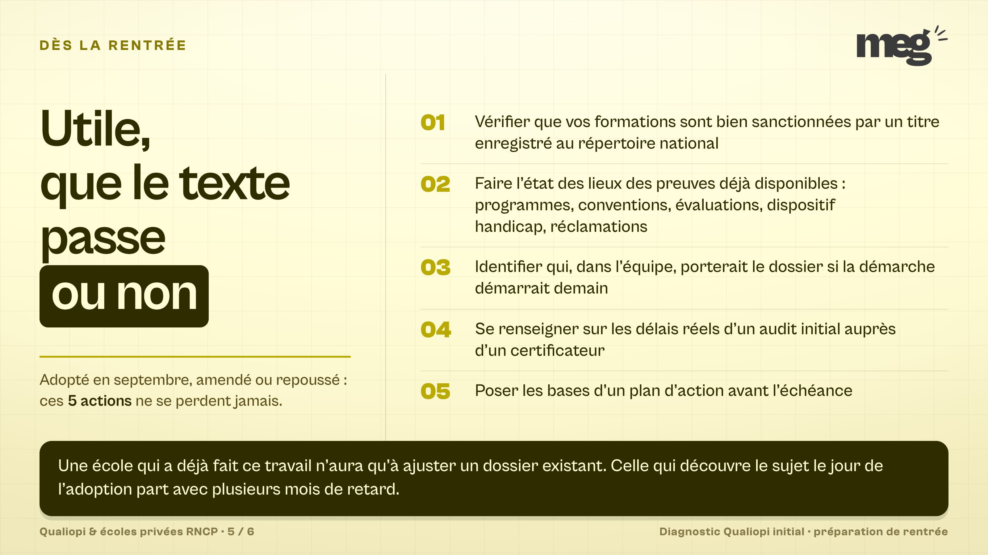 composition typographique listant les 5 actions à mener dès la rentrée, utiles que le texte soit adopté, amendé ou repoussé.