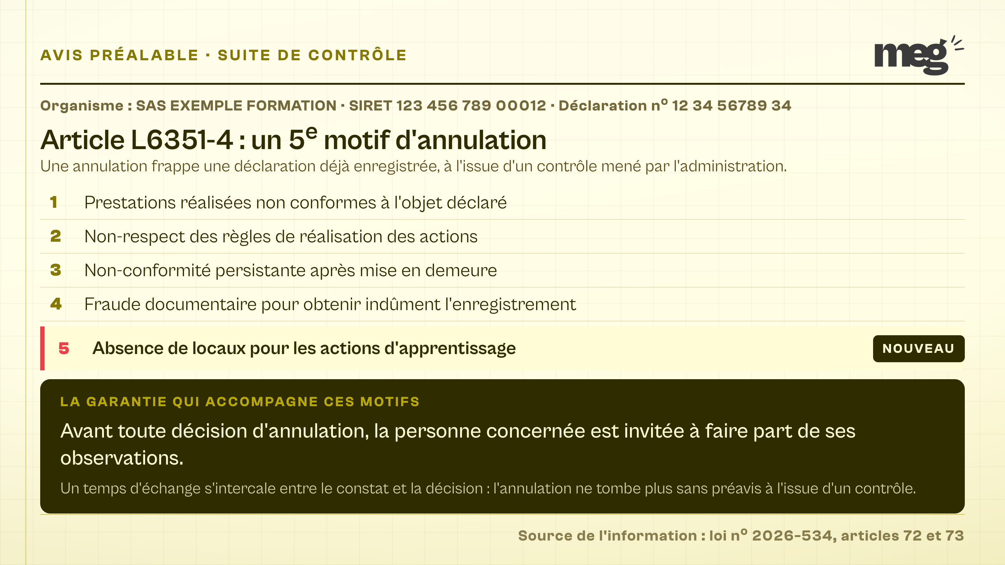 fac-similé d'avis de contrôle listant les 5 motifs d'annulation, le 5e signalé comme nouveau, et rappelant la phase contradictoire obligatoire avant décision.