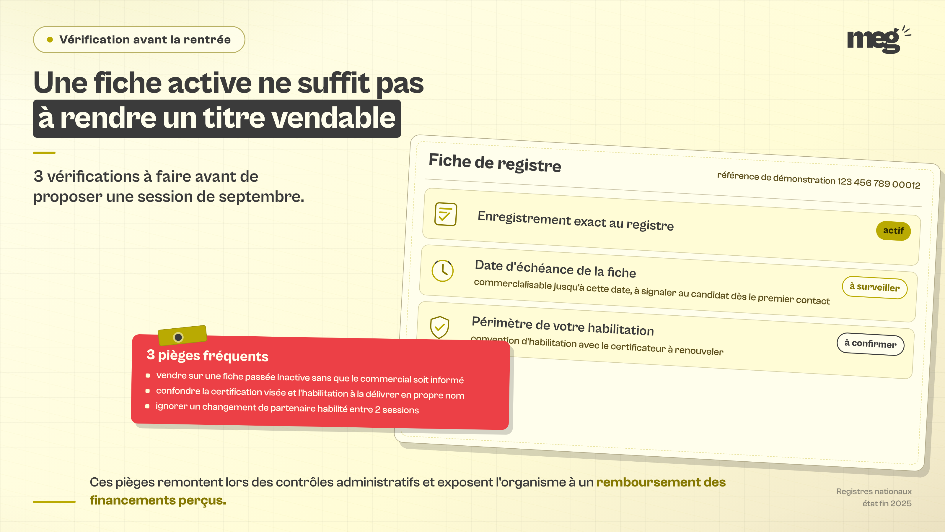 Enseignement : 3 vérifications séparent une fiche active d'un titre que votre organisme peut réellement vendre.