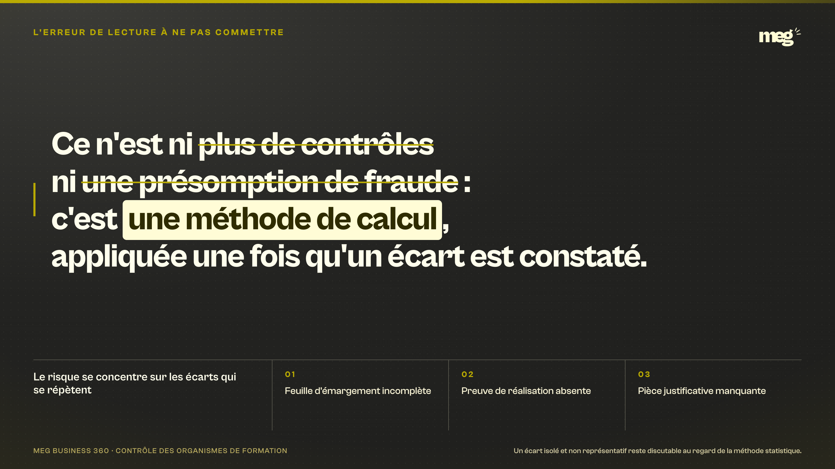 Dispositif : affiche de mise au point sur fond sombre plein. Une phraseaffiche en très grand corps occupe le cadre ; 2 fragments de la confusion sont rayés d