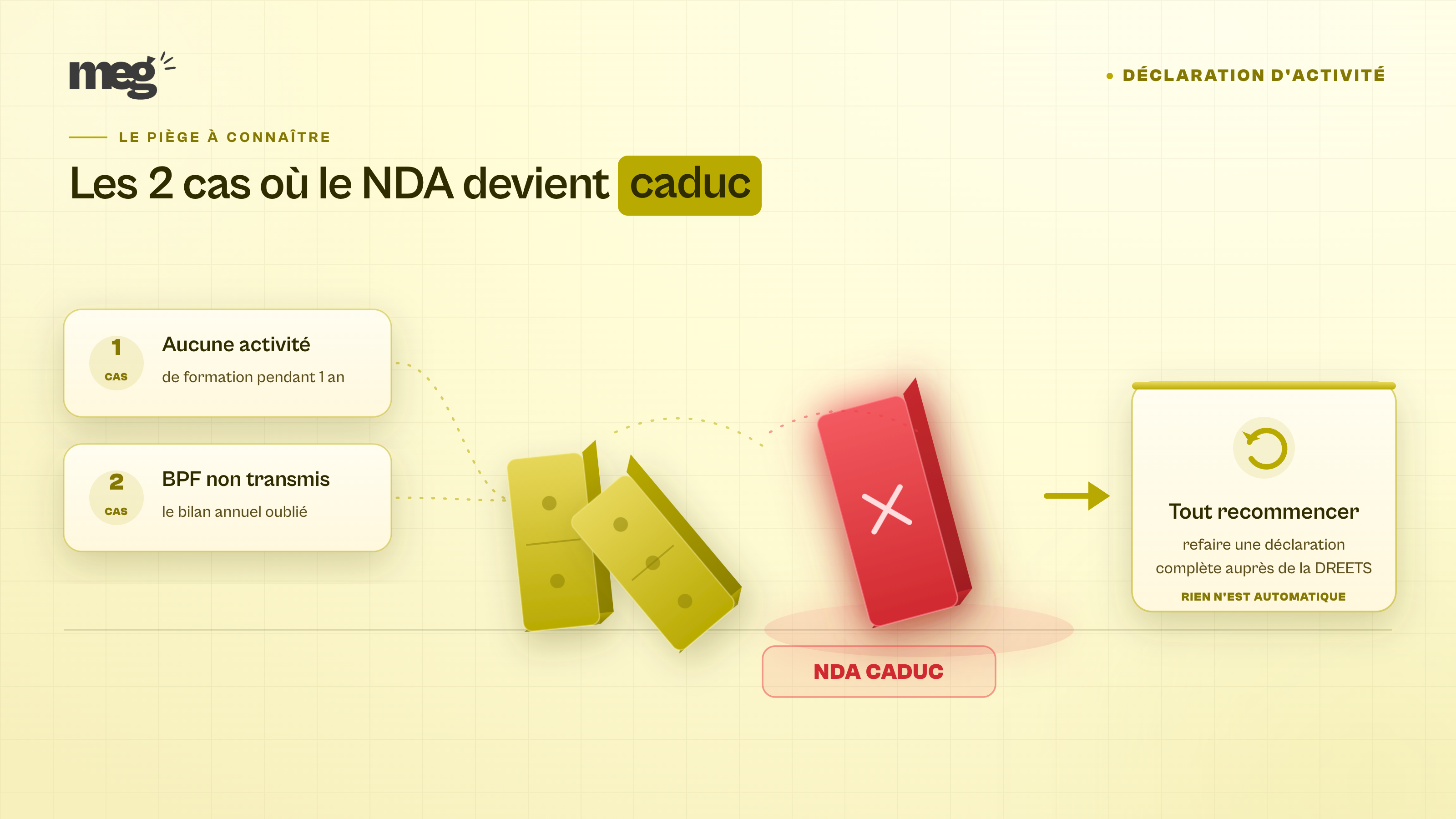 Les 2 cas de caducité du NDA : aucune activité pendant 1 an ou BPF non transmis