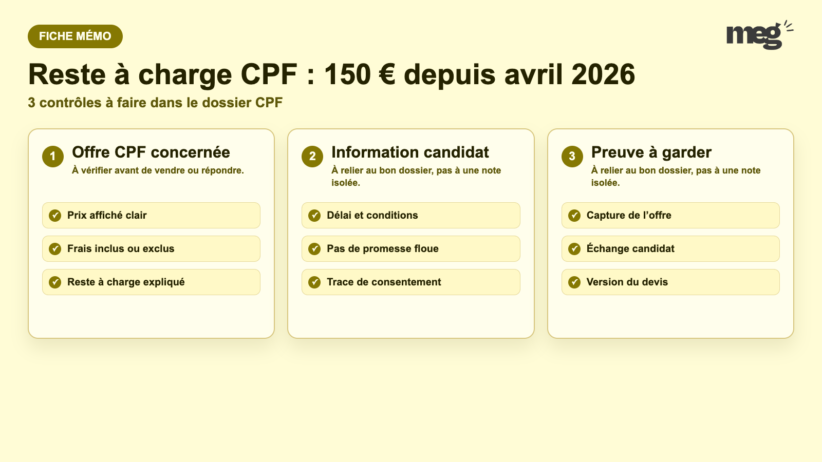 Reste à charge CPF : 150 € depuis avril 2026 - schema de verification CPF