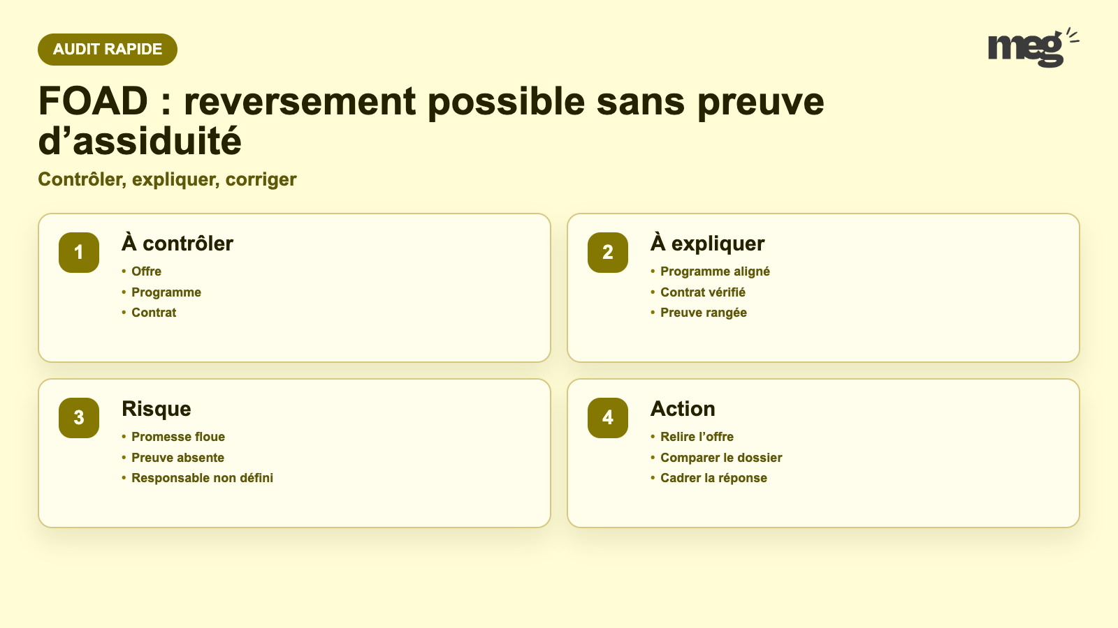 FOAD : reversement possible sans preuve d’assiduité - schema de verification Organisme de formation