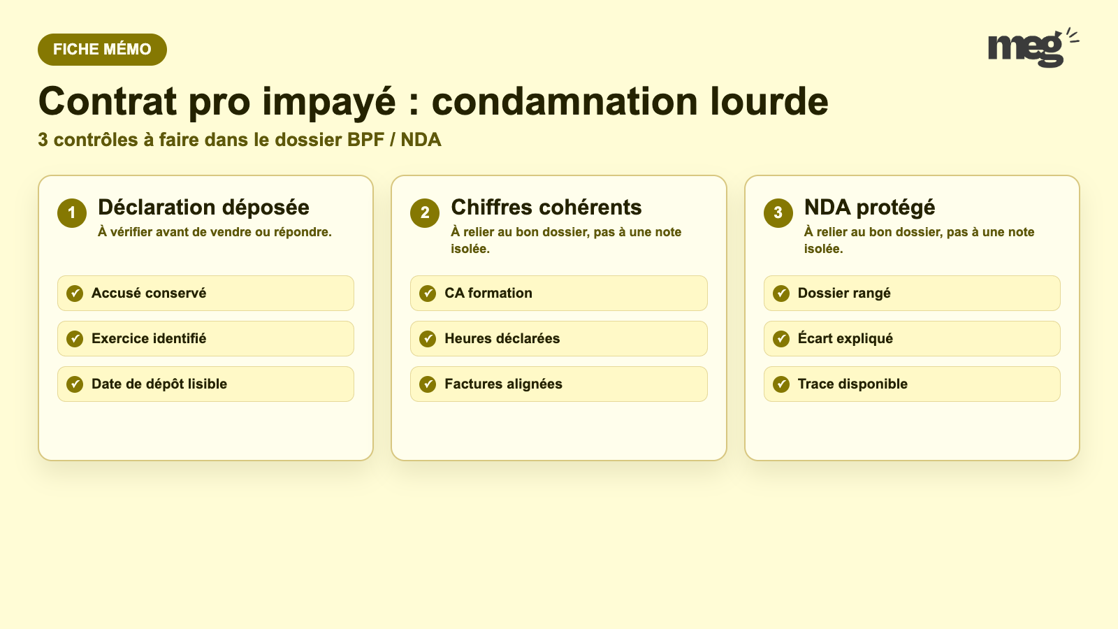 Contrat pro impayé : condamnation lourde - schema de verification BPF / NDA